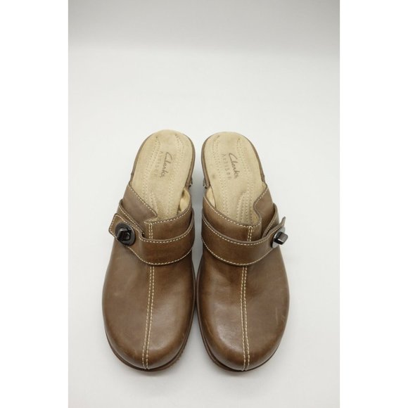 Clarks Artisan Brown Leather Split Toe Slide Heel Mules Shoes Women's 7.5 M - Picture 2 of 11